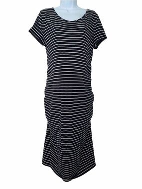 Women's Navy & White Striped Short Sleeve Midi Maternity Dress